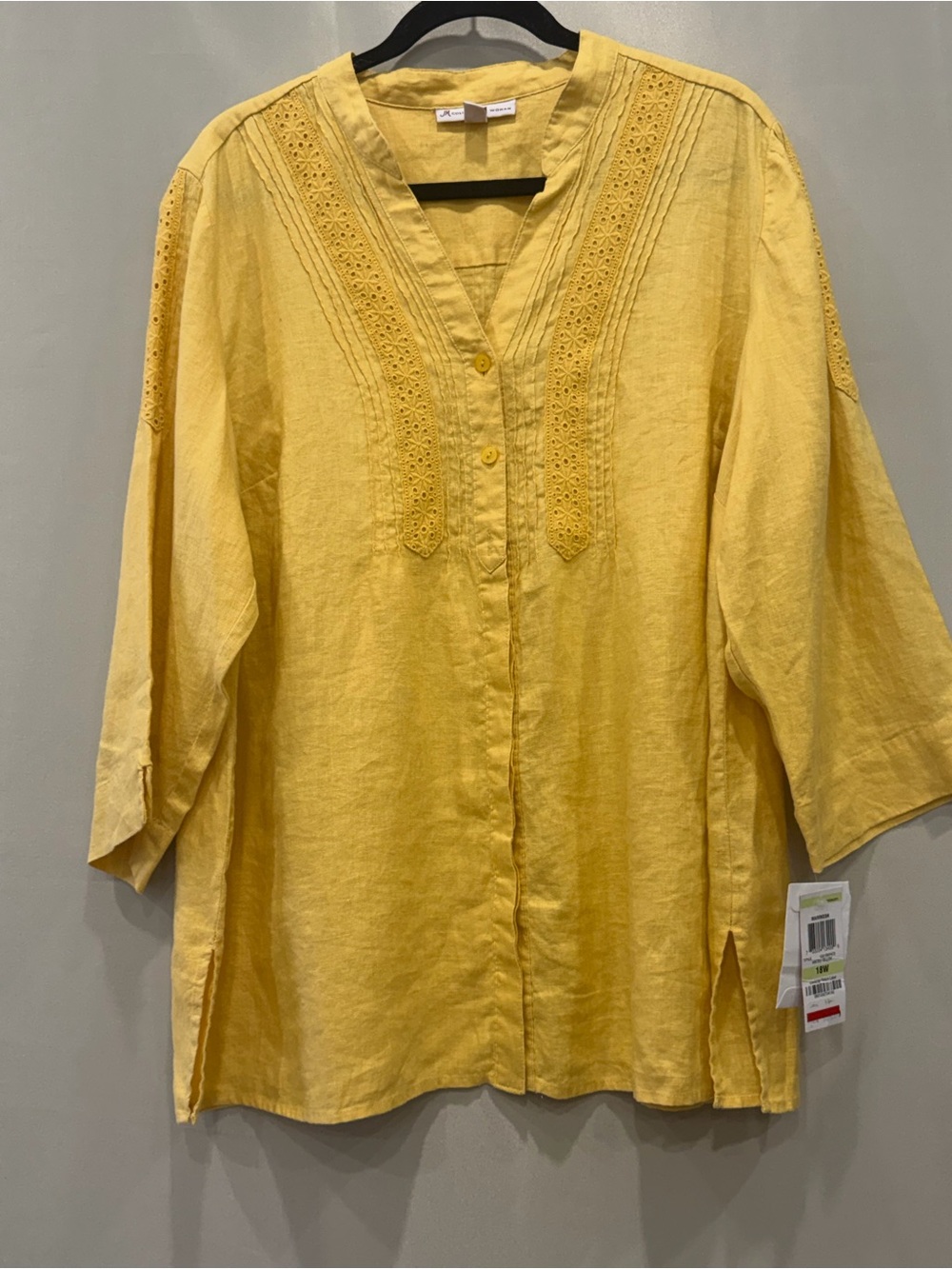 JM Collection Women’s Yellow Embroidered Tunic Top 3/4 Sleeve Size 18W NWT